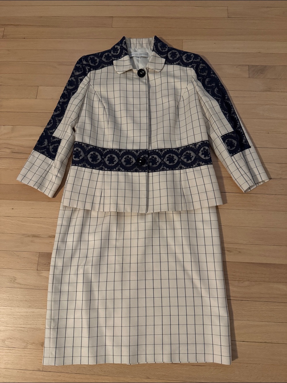 Carolina Herrera Windowpane Suit Set - Cream with Navy Lace Trim